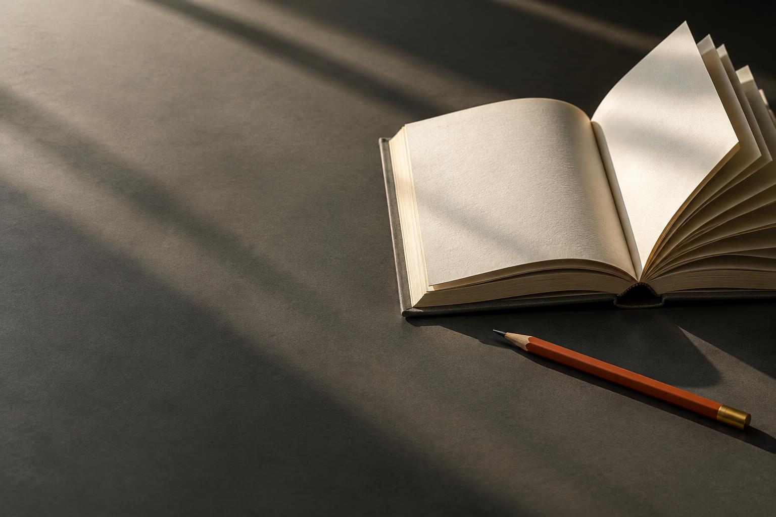 Open book and pencil on a desk